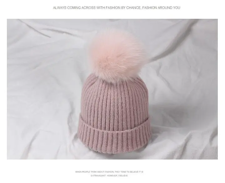 

KNB044 Women Wool Rabbit Blend Knitted Beanies Skullies Winter Warm Fox Fur pom pom Caps Knit Hat Gorros Bonnet Hats