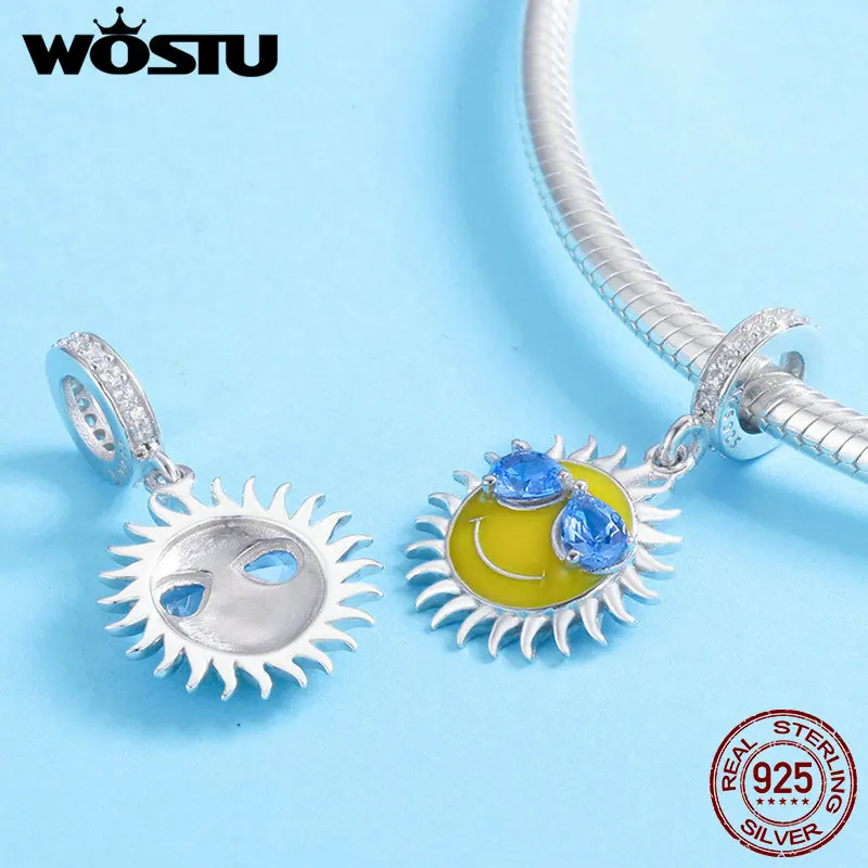 WOSTU 925 пробы Серебряный прохладный летний солнце желтый цвет эмаль синий CZ кулон подходит браслет и браслет для женщин модный подарок CQC771