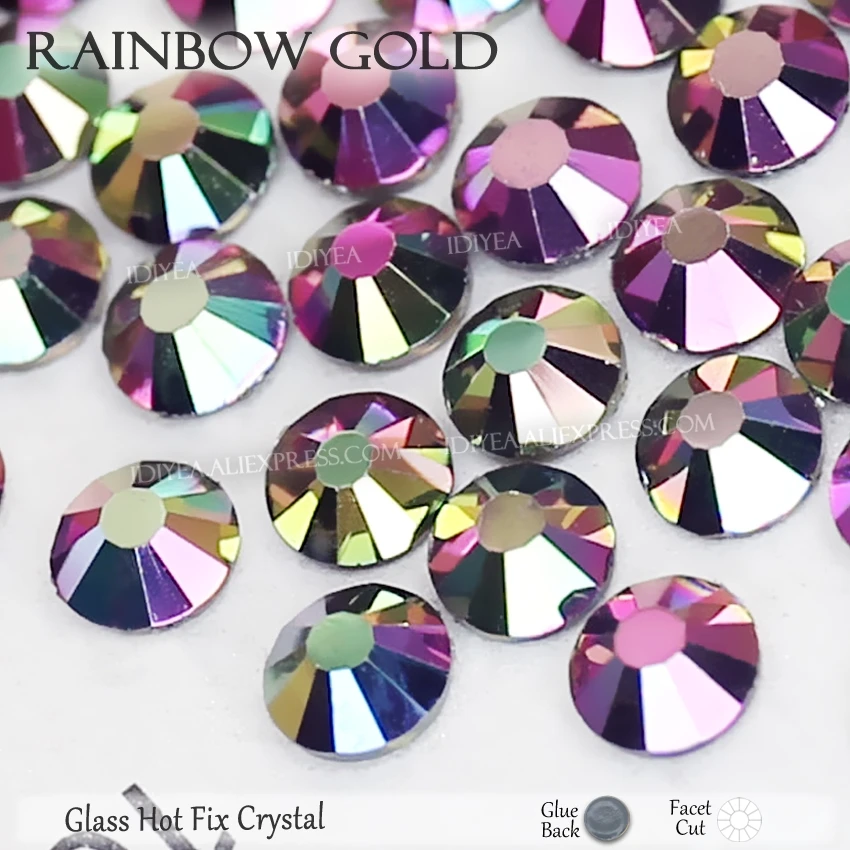 Rainbow Gold Высокое качество Горячая фиксация Стразы SS6 SS10 SS16 SS20 SS30 Стразы плоская задняя часть исправление камней Кристаллы Блестки для DIY одежды платье - Цвет: Rainbow Gold