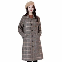 2018 autumn and winter new woolen coat female temperament lattice lapel straight type long section loose fashion woolen coat