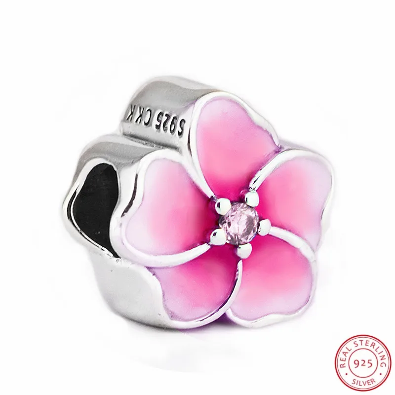 CKK очаровательные цветы бусины с розовой эмалью и прозрачный CZ DIY Fit PANDORA Подвески Серебро 925 для женщин ювелирных изделий CK008A