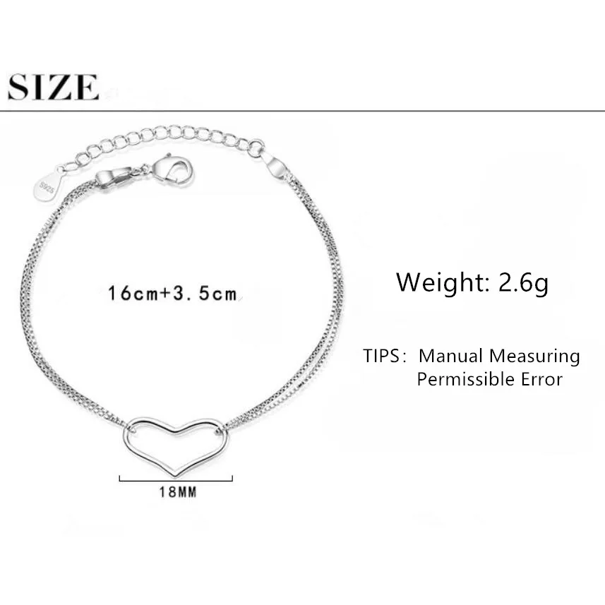 

New Simple Fashion Lucky Heart Chian Bracelets & Bangles For Women 925 Sterling Silver Wedding Jewelry Gifts pulseira SAB35