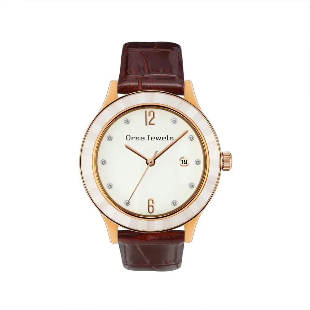 Brown ORSA JEWELS элегантные женские кварцевые часы браслет водонепроницаемые белые красные кожаные круглые пластины женское платье наручные часы подарок OOW08 - Цвет: Brown