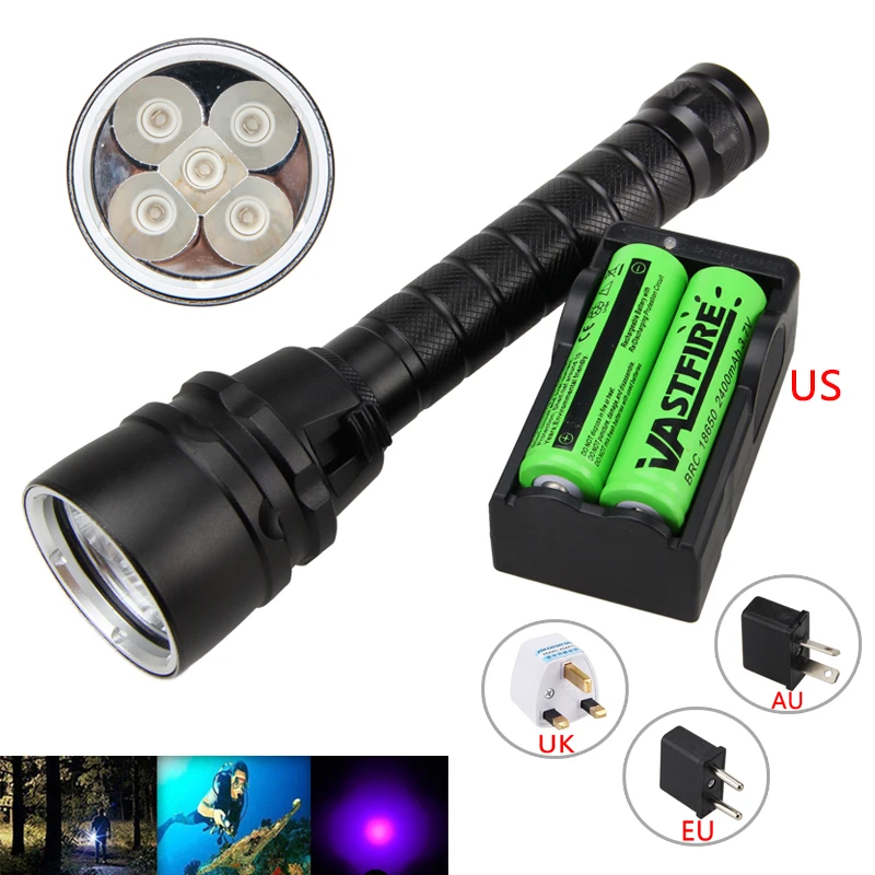 Подводный светодиодный фонарик для погружения с аквалангом 100 м 5X XPE УФ-свет 18650 нм