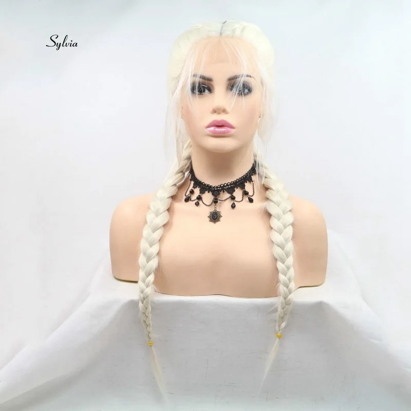 Sylvia White Blonde Double Braid Wig With Baby Hair Synthetic Braid Lace Front Wigs Heat Resistant Fiber Hair Middle Parting