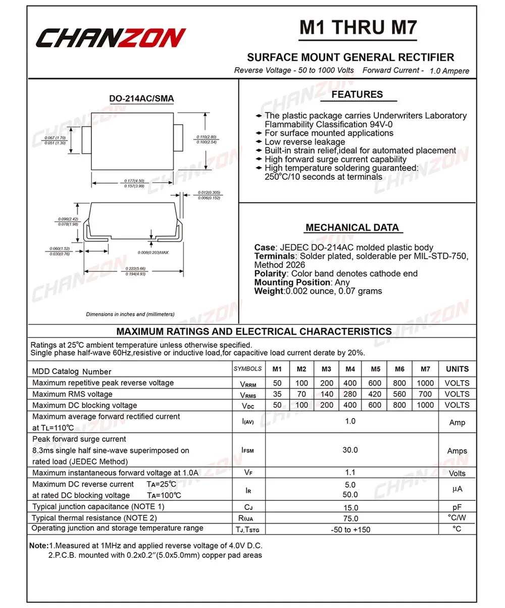 (100 шт.) M4 SMD выпрямительный диод 1A 400 V SMA (DO 214AC) 1 Amp вольт электронные кремниевые