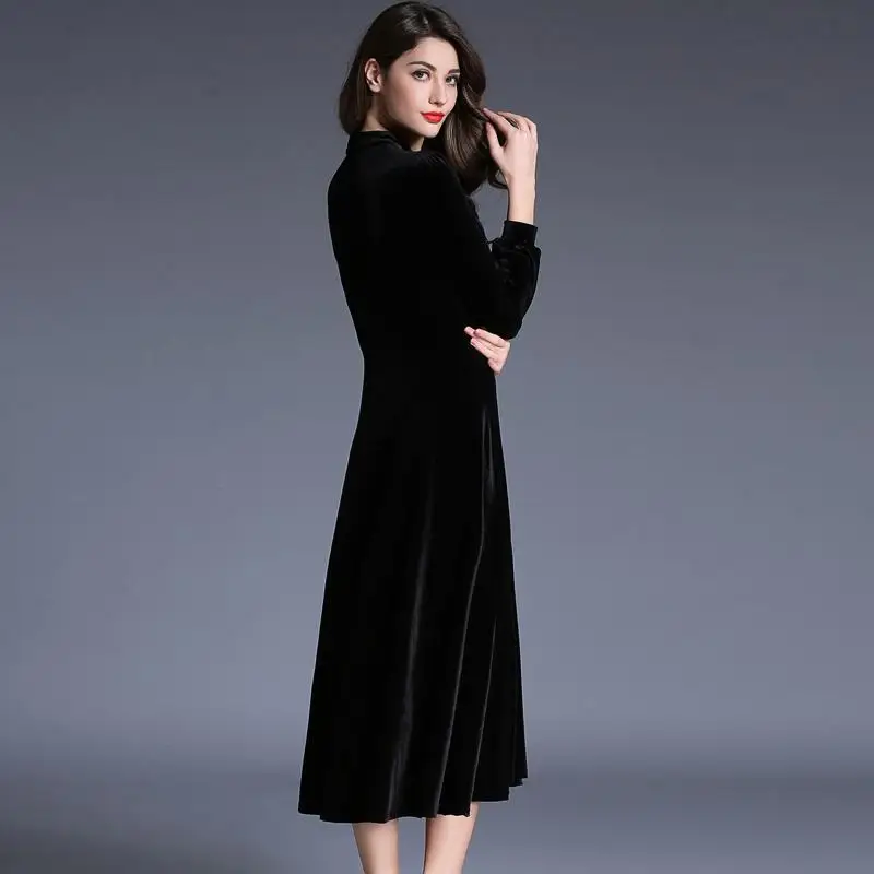 Новинка, женское черное бархатное платье, зимние женские платья, Vestido Longo, длинные рукава, макси, длинные платья для вечеринок, Robe Longue Femme - Цвет: Черный