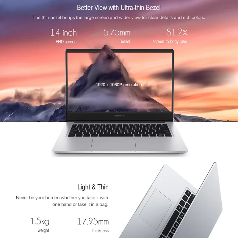 Xiaomi RedmiBook 14 дюймов ноутбук Intel Core i7-8565U/i5-8265 NVIDIA GeForce MX250 четырехъядерный 1 8 ГГц Гб ram