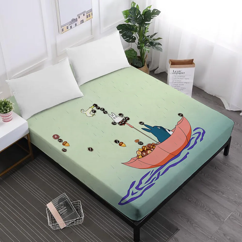 Cute Totoro Bed Sheet Cartoon Susuwatari Fitted Sheet Umbrella Lake Print Bedding Kids Deep Pocket Bedclothes Home Decor D35