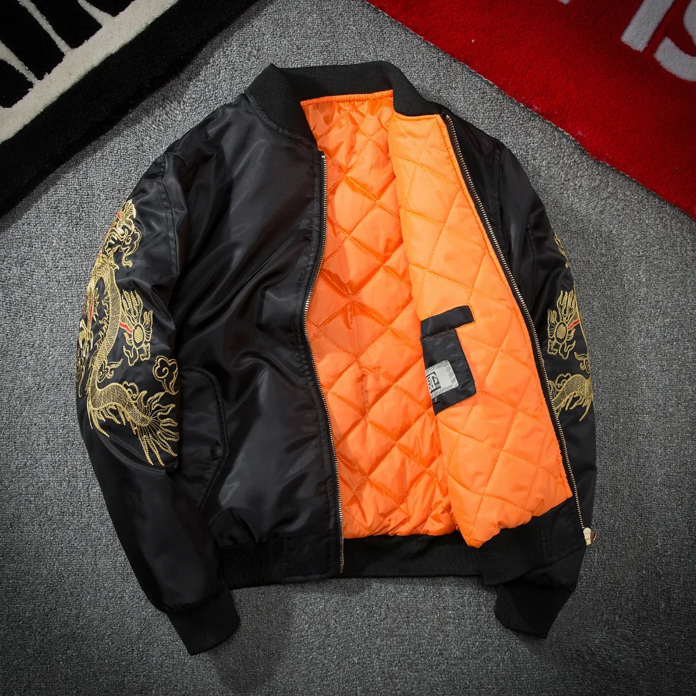 Мужская теплая куртка бомбер с вышивкой Dragon Flight хлопковая на подкладке верхняя