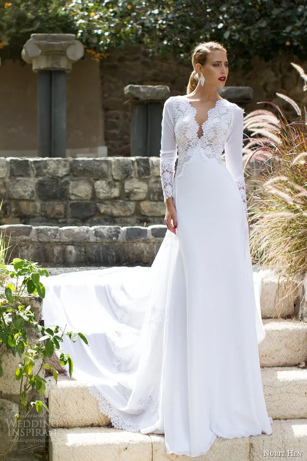 С длинным рукавом белый Nurit курица свадебные платья 2014 Vestido де Noiva Casamento