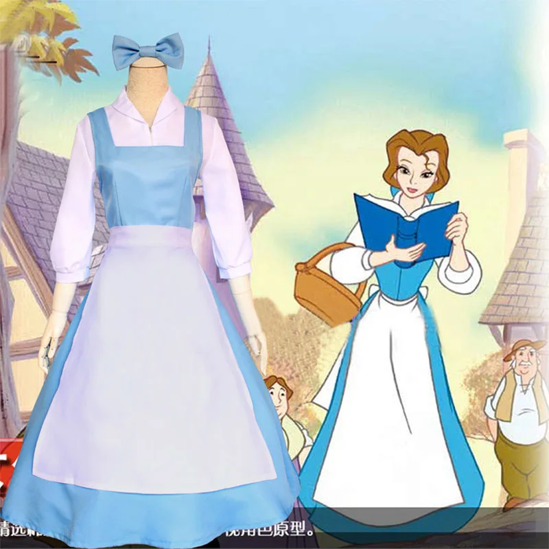 beauty and the beast Красавица и чудовище, платье горничной, костюм горничной для косплея, женский синий полный комплект платьев(рубашка+ платье+ фартук+ головной убор+ парики - Цвет: beauty and the beast