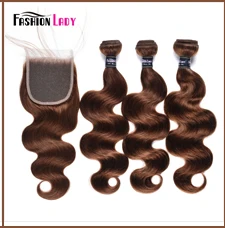 Модные женские предварительно цветные 3 пучка с кружевной застежкой 2# натуральный коричневый цвет перуанские прямые волосы с закрытием не реми волосы