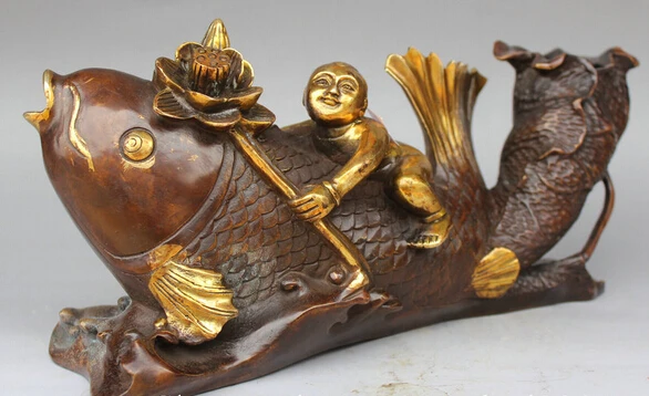 rui wholesale factory 13&quot Chinese Bronze Gild Boy Tong Zi Lad Seat Fish Louts Leaf Statue Sculpture | Дом и сад