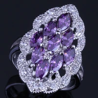 terrific oval purple cubic zirconia white cz silver plated ring v0594