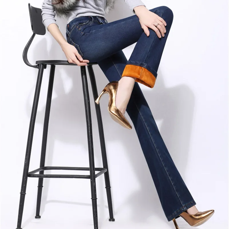 dark blue 3091 Женские зимние вельветовые сапоги, модные джинсы для девочек, брюки с подкладом, брюки-клеш, размер 26-33 - Цвет: dark blue 3091