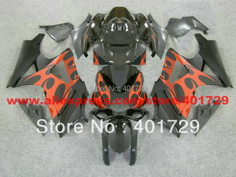 Custom race fairing kit for Suzuki GSXR1000 2007 2008 GSX-R1000 K7 orange flame in glossy black | Автомобили и мотоциклы
