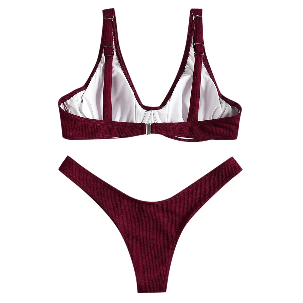 ZAFUL 2019 High Leg Ribbed Texture Thong Bottom Bikini Swimwear Push Up Women Swimsuit Spaghetti Straps Solid Brazilian Biquni |