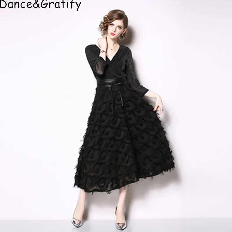 2019 New Summer Fashion Women Black Lurex Party Dress Vintage V-neck Tassel Long Mid-calf Runway | Женская одежда