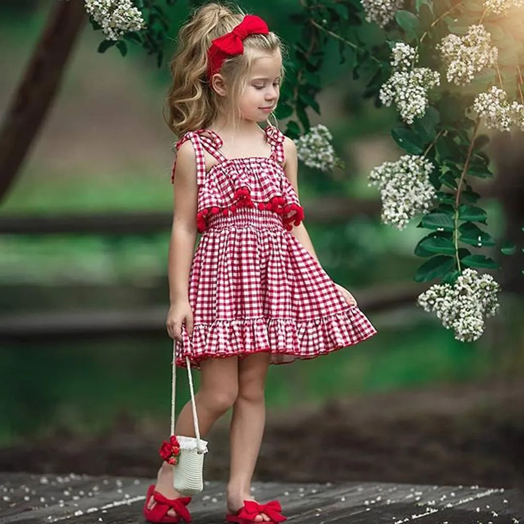 Birthday Party Dress Casual Summer Princess For Kids baby Girls Cotton Sleeveless Condole Belt Tassel Plaid Dresses | Детская одежда и