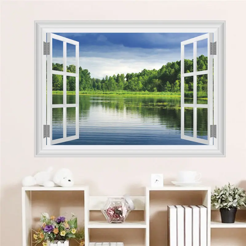 Топ ложный Лес Дерево озеро 3D стикер на стену вид окно пейзаж гостиная спальня