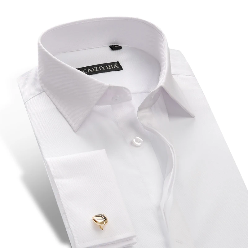 

Men's French Cuff Solid Twill Dress Shirt Pocketless Hidden Buttons Long-Sleeve Standard-fit Business Party Wedding White Shirts