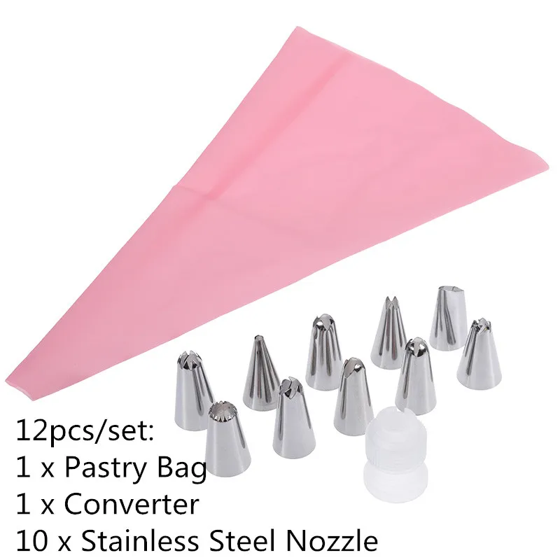 12pc set pink Anpro12 шт/набор силиконовых кухонных аксессуаров для обледенения трубопроводов крем многоразовый кондитерский мешок+ насадка из нержавеющей стали конвертер инструмент для выпечки - Цвет: 12pc set pink
