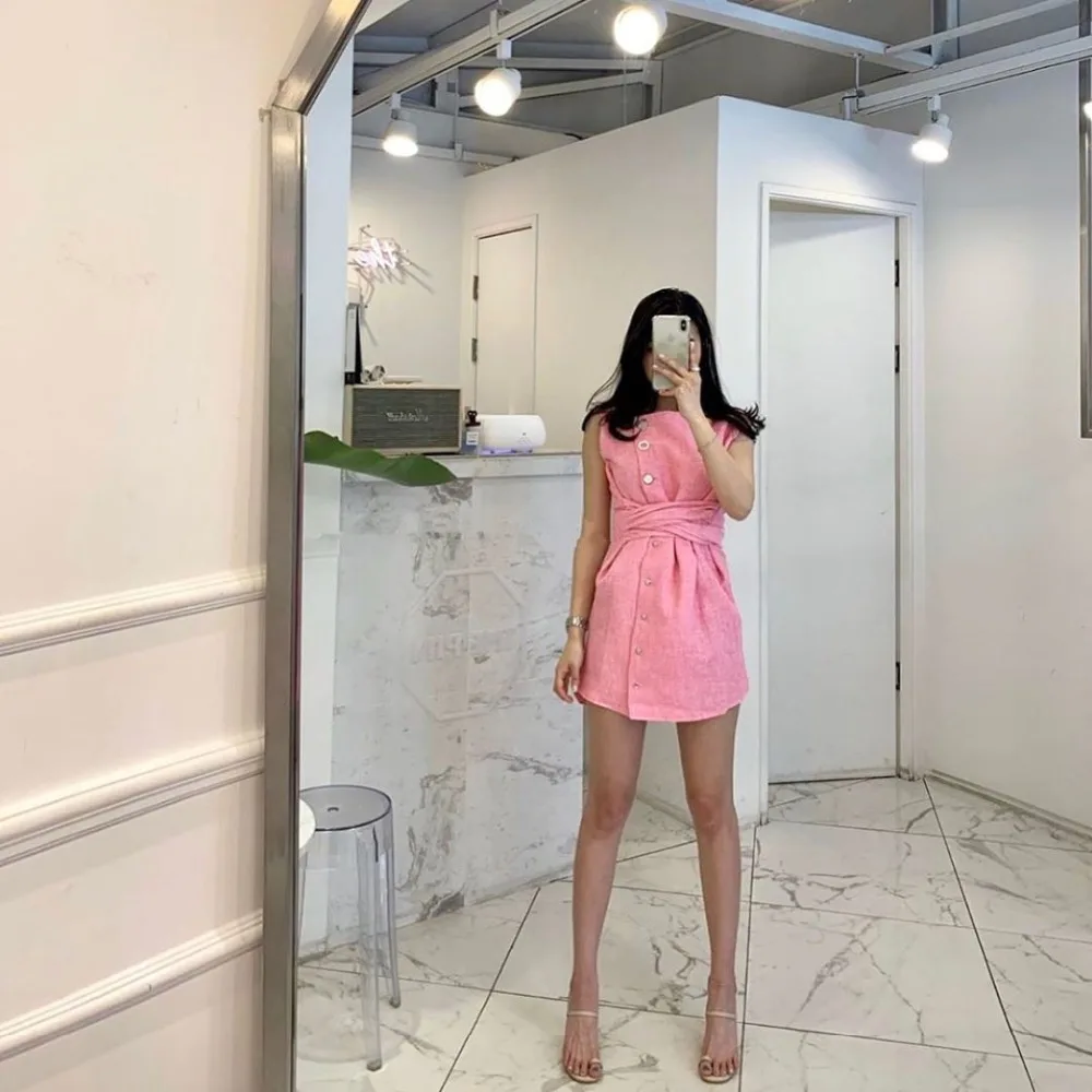Корейские летние платья, одноцветные, с круглым вырезом, однобортные, с высокой талией, модные, без рукавов, женское платье