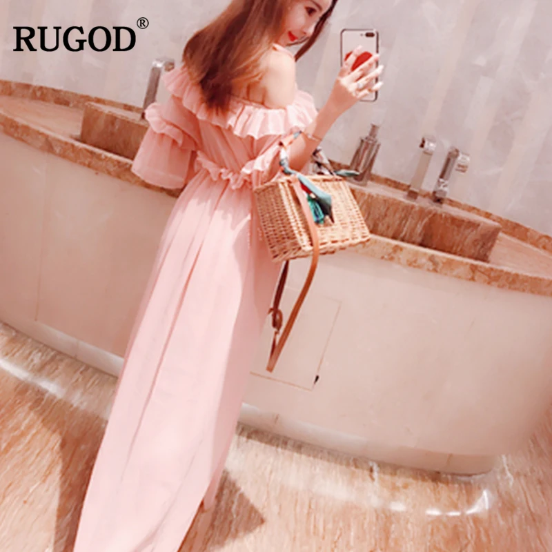 RUGOD 2018 Новое элегантное розовое пляжное платье с рюшами женское Модное шифоновое