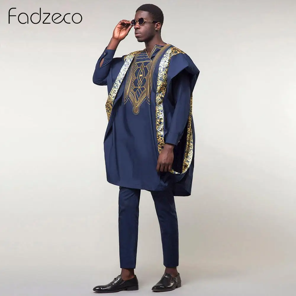 Мужская одежда Fadzeco Agbada комплект из 3 предметов в африканском стиле с принтом