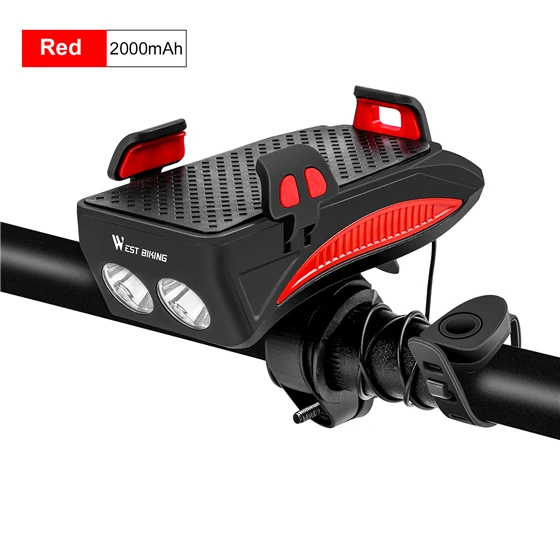 2000mAh Red WEST BIKING велосипедный светильник 2000 мАч/4000 мАч аккумулятор внешний аккумулятор держатель для телефона 130дб динамик колокол 4 в 1 MTB велосипедные фары - Цвет: 2000mAh Red