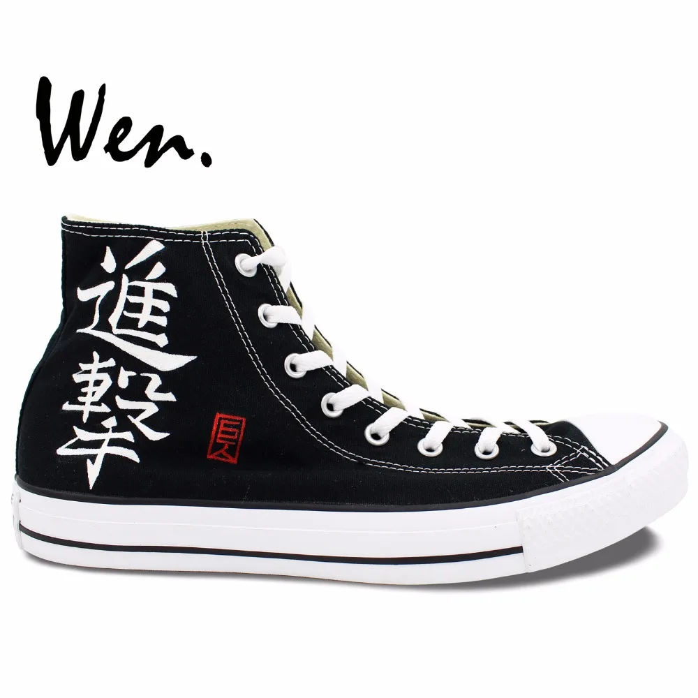 

Wen Hand Painted Anime Shoes Design Custom Attack on Titan High Top Men Women's Black Canvas Sneakers for Birthday Gifts