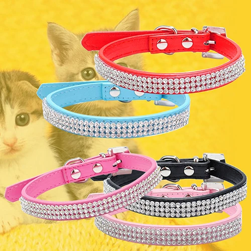 

Hot! 3 Row Bling Rhinestone Small Pet Dog Faux Leather Buckle Cute Cat Puppy Collar