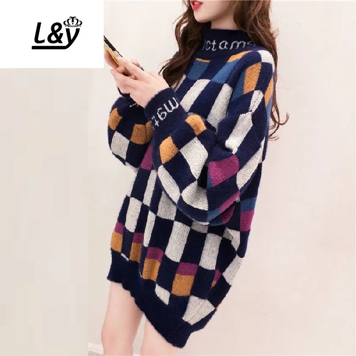 L &amp Y Модный Цветной клетчатый свитер Осень-зима пуловер с высоким воротником