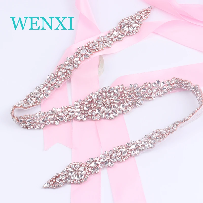 

WENXI Craft (5pcs) 90CM Length Wholesale Handmade Clear Rose Gold Rhinestones Appliques Sewing On Bridal Wedding Dresses Belt