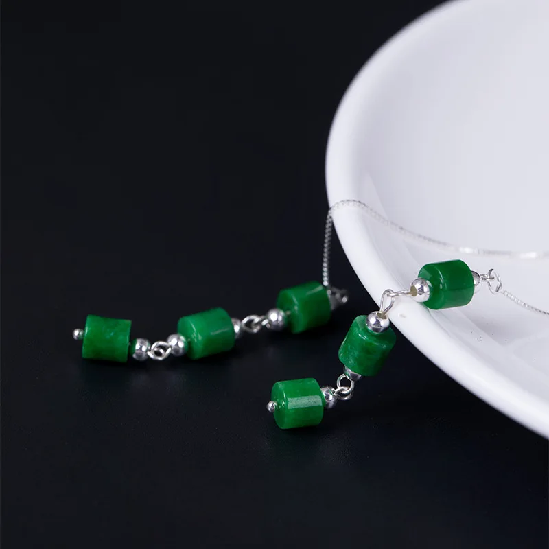 INALIS New Unique Long Ear Line Chain Brincos S925 Sterling Silver Cylinder Emerald Jade Fashion Drop Dangle Earring Jewelry | Украшения и