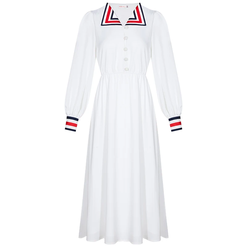 YIGELILA Women White Dress Summer Fashion Elegant V-neck Full Sleeve Empire Slim Midi 64769 | Женская одежда
