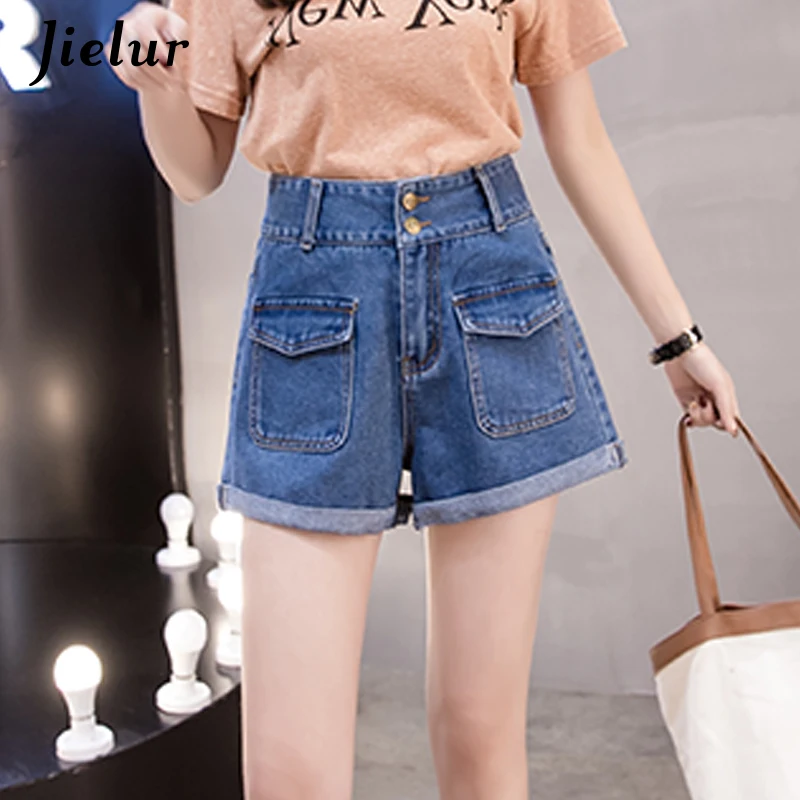 Jielur Pockets Blue Jeans Female Summer 2019 New Plus Size Slim Short Women Simple Vintage S-5XL College Kpop Denim Shorts |