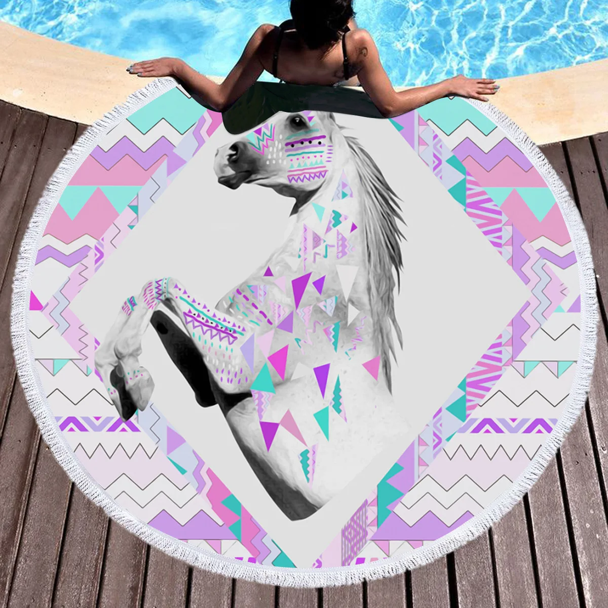Cute 3d Horse Printed Unicorn Microfiber Painting Large Round Beach Towel Yoga Mat Thick Terry Cloth with Tassels Blanket |