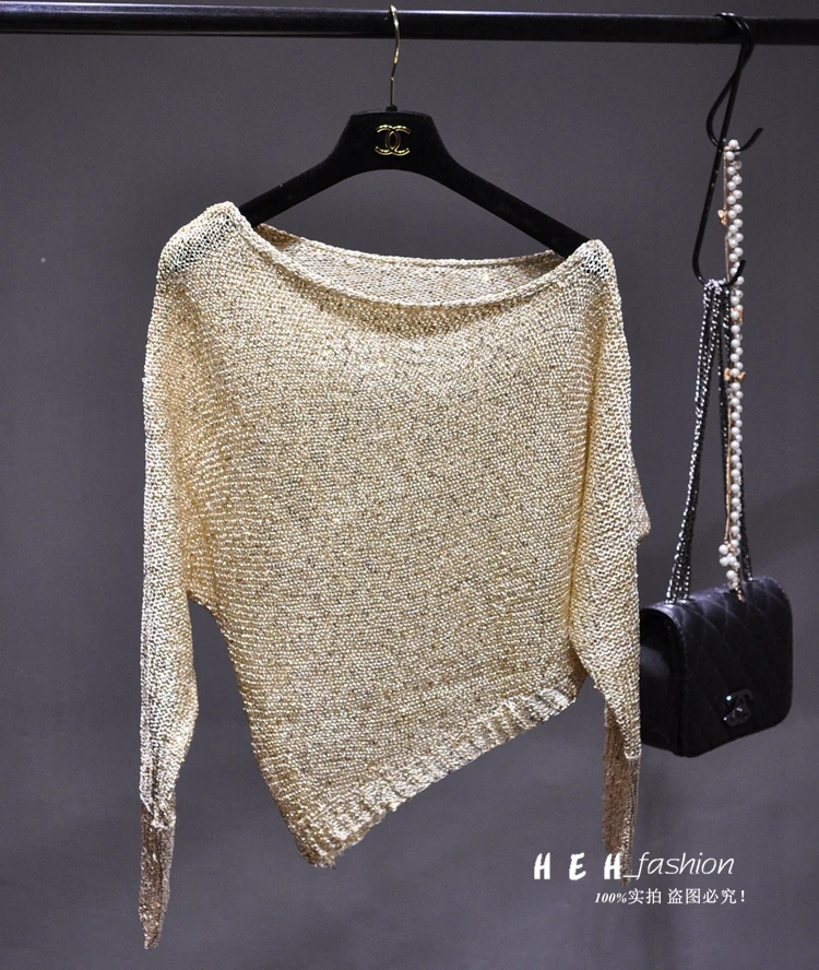 Autumn-Spring Fashion Women Sexy Sequined One Shoulder Loose Sweater Outerwear Pullover Long Sleeve Irregular Knitted Sweaters | Женская
