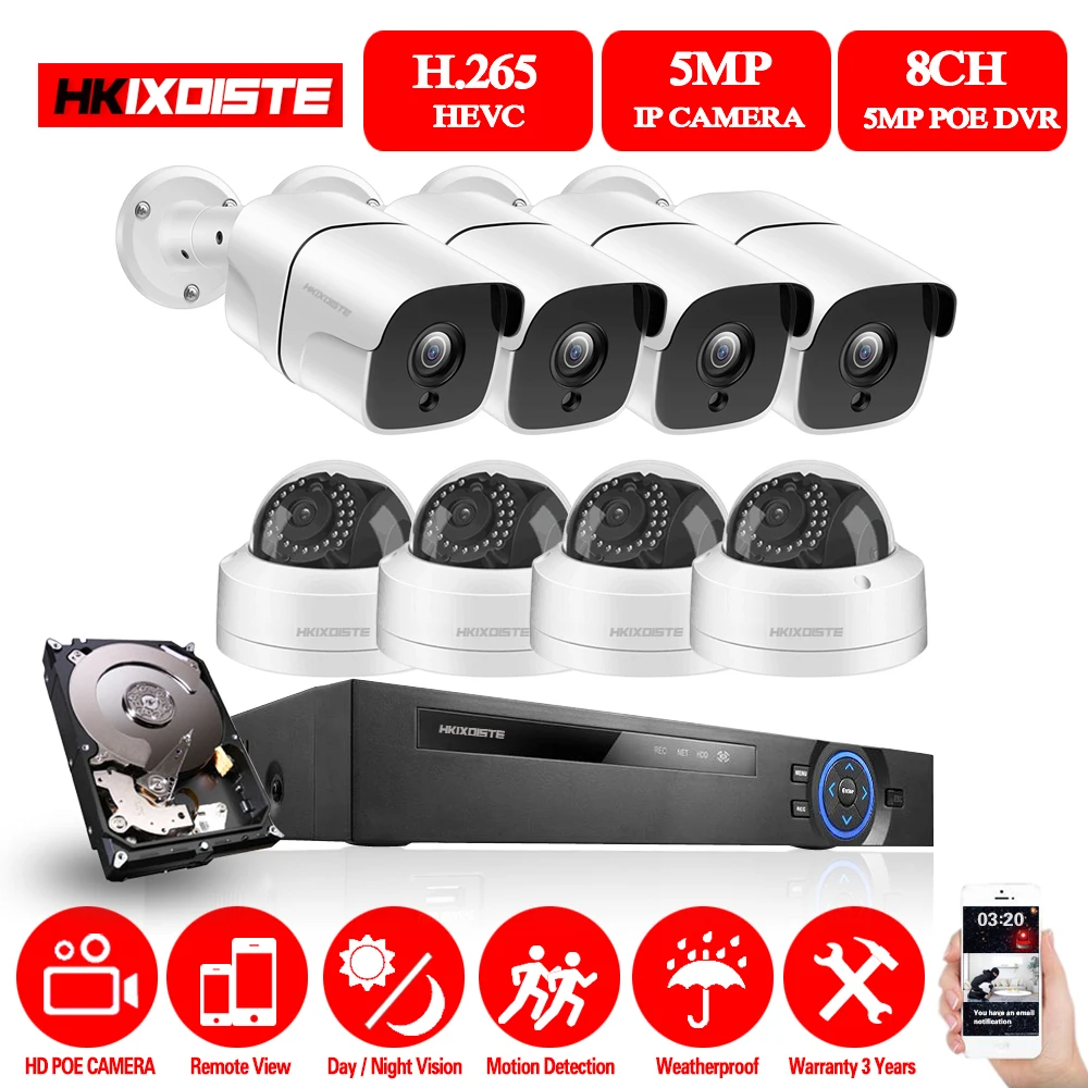 HKIXDISTE H.265 8CH 5MP PoE NVR 8 шт. 5.0MP IP камера POE System P2P облачная система видеонаблюдения с