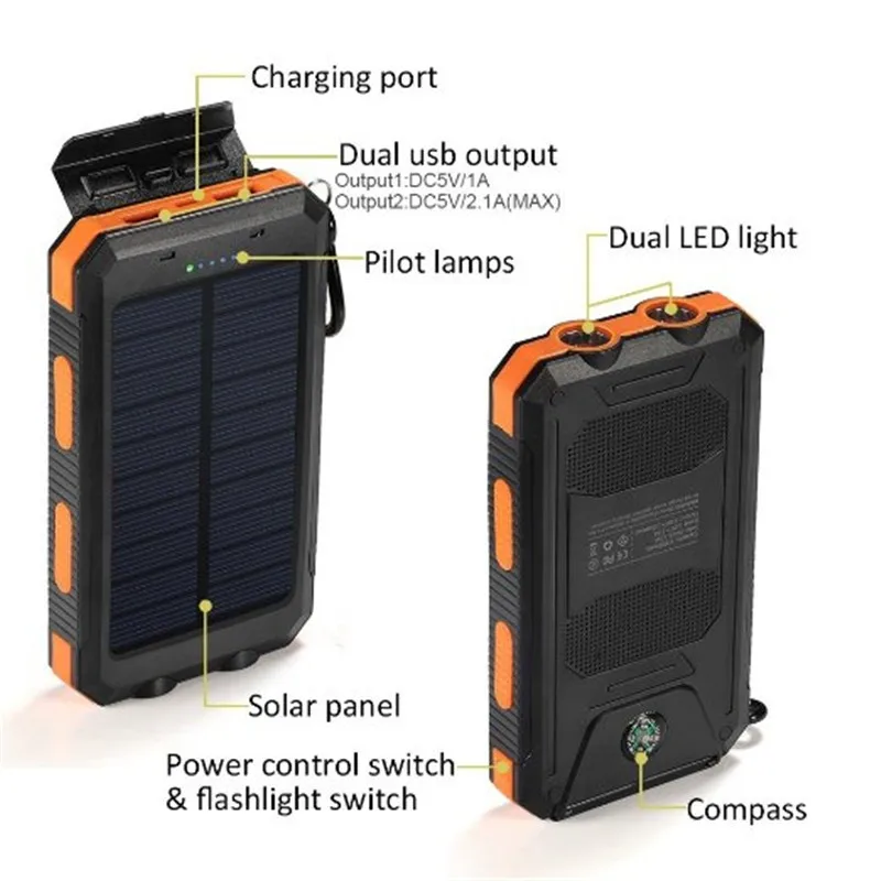 Водонепроницаемый солнечный Power Bank Солнечное зарядное устройство Dual USB 20000 мАч со