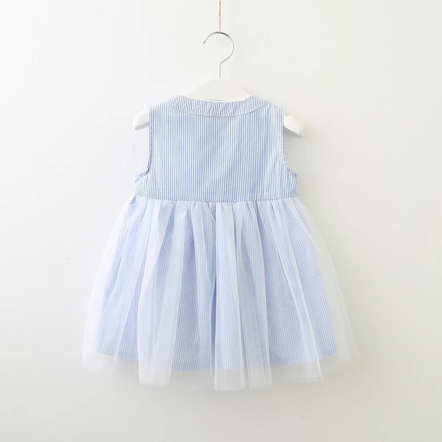 Hurave bow striped botton mesh summer Baby Girls Dress Clothes Children Sleeveless Kids Crew Neck causal Dresses | Детская одежда и