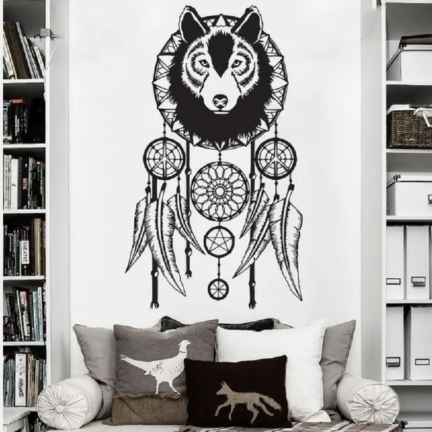 

Art Cool Wolf Dreamcatcher Wall Sticker Ary Vinyl Home Decoration Wall Decals Wolf Head Art WallPaper For Home Decor Y-777