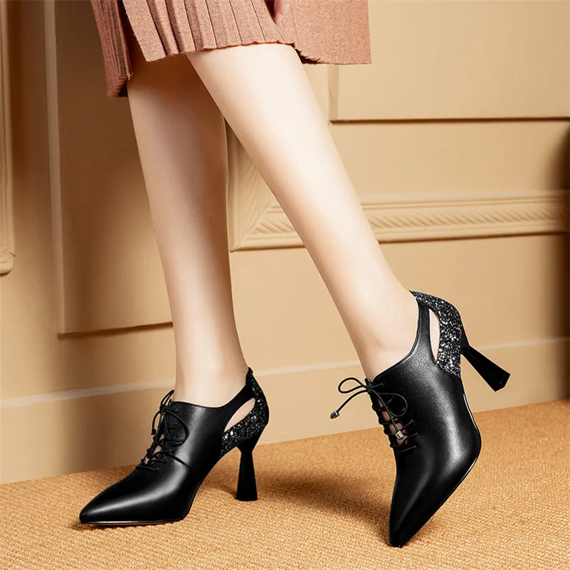 FEDONAS/модные пикантные женские туфли-лодочки из натуральной кожи на шнуровке в