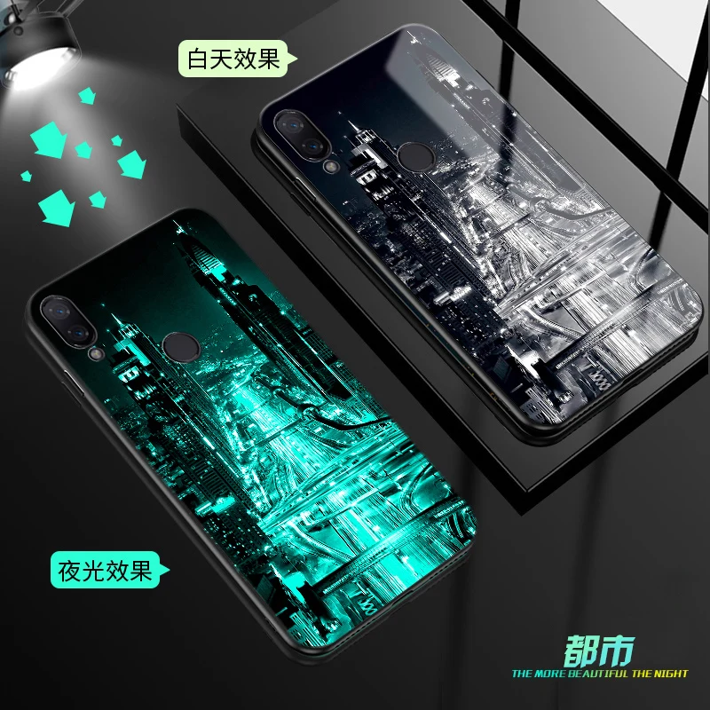 For Xiaomi Redmi Note 7 Pro Case Luxury Luminous Pattern Hard Tempered Glass Protect Back Cover for xiaomi redmi note 7pro |