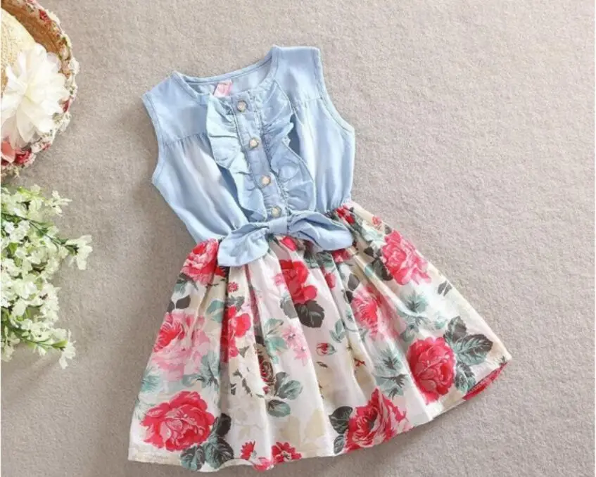Детское джинсовое платье с бантом WAN ROU Синее цветочным принтом без рукавов лето