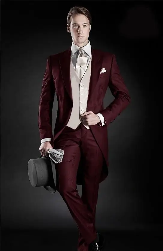 

2015 Morning Style Groom Tuxedos Peak Lapel Men's Suit Burgundy Groomsman/Best Man Wedding/Dinner Suits(Jacket+Pants+vest+tie)