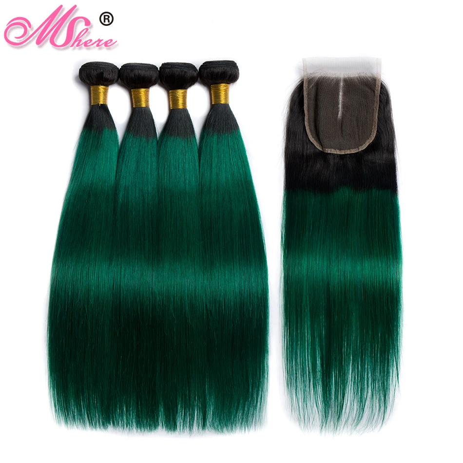 Mshere прямые волосы Ombre 3/4 Связки с закрытием 1B/Зеленый Перуанский натуральные