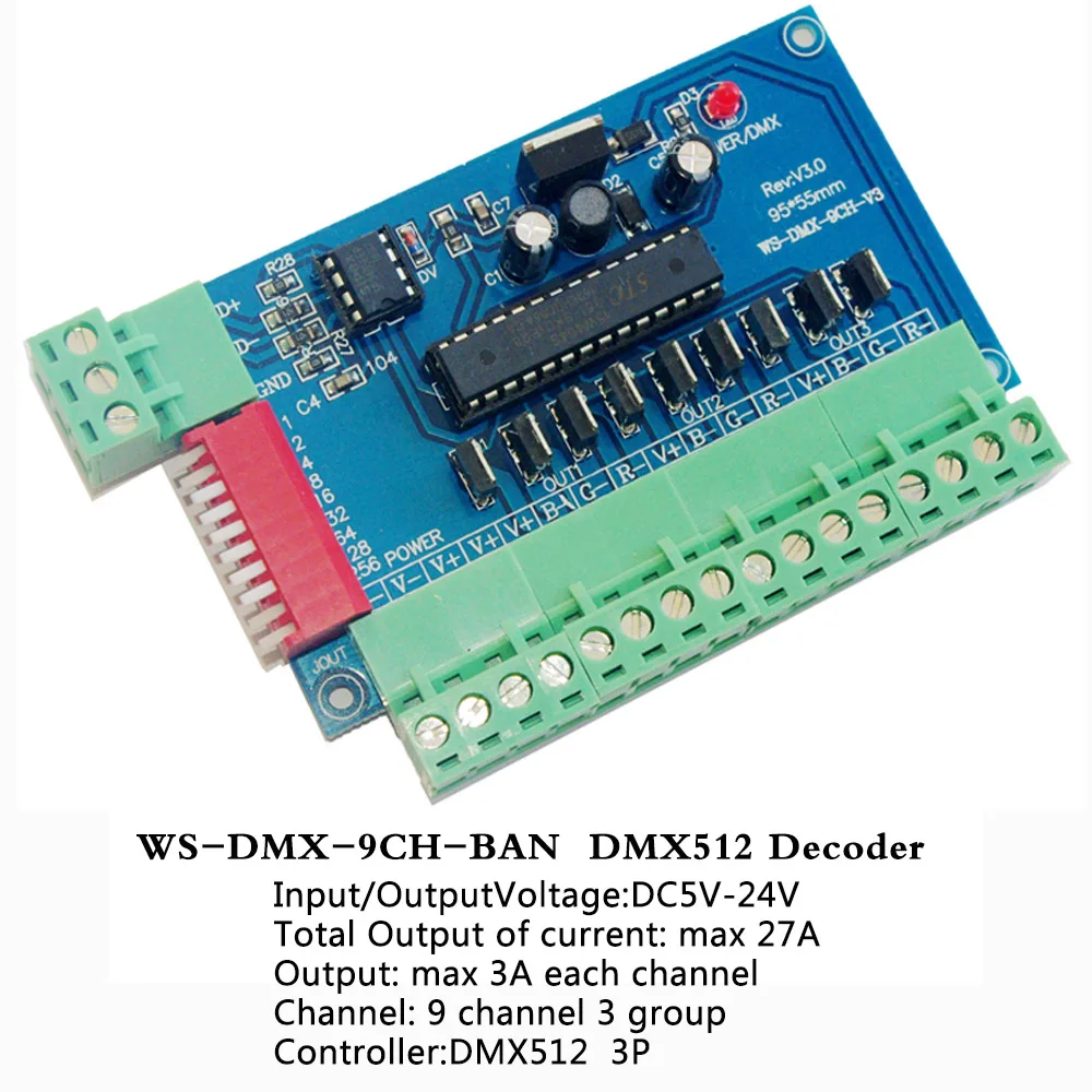 New 9CH DMX512 Constant Voltage Common Anode Controller LED Decoder;DC5V~24V;output max 3A each channel;Total output max 27A